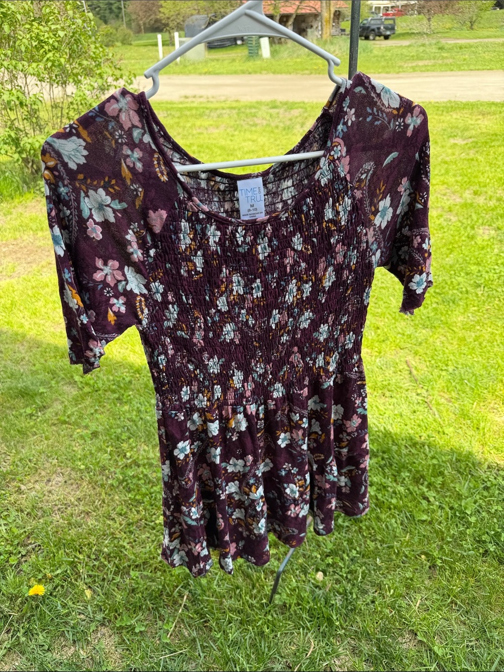 Time and Tru Burgundy Floral Smocked Peplum Tunic